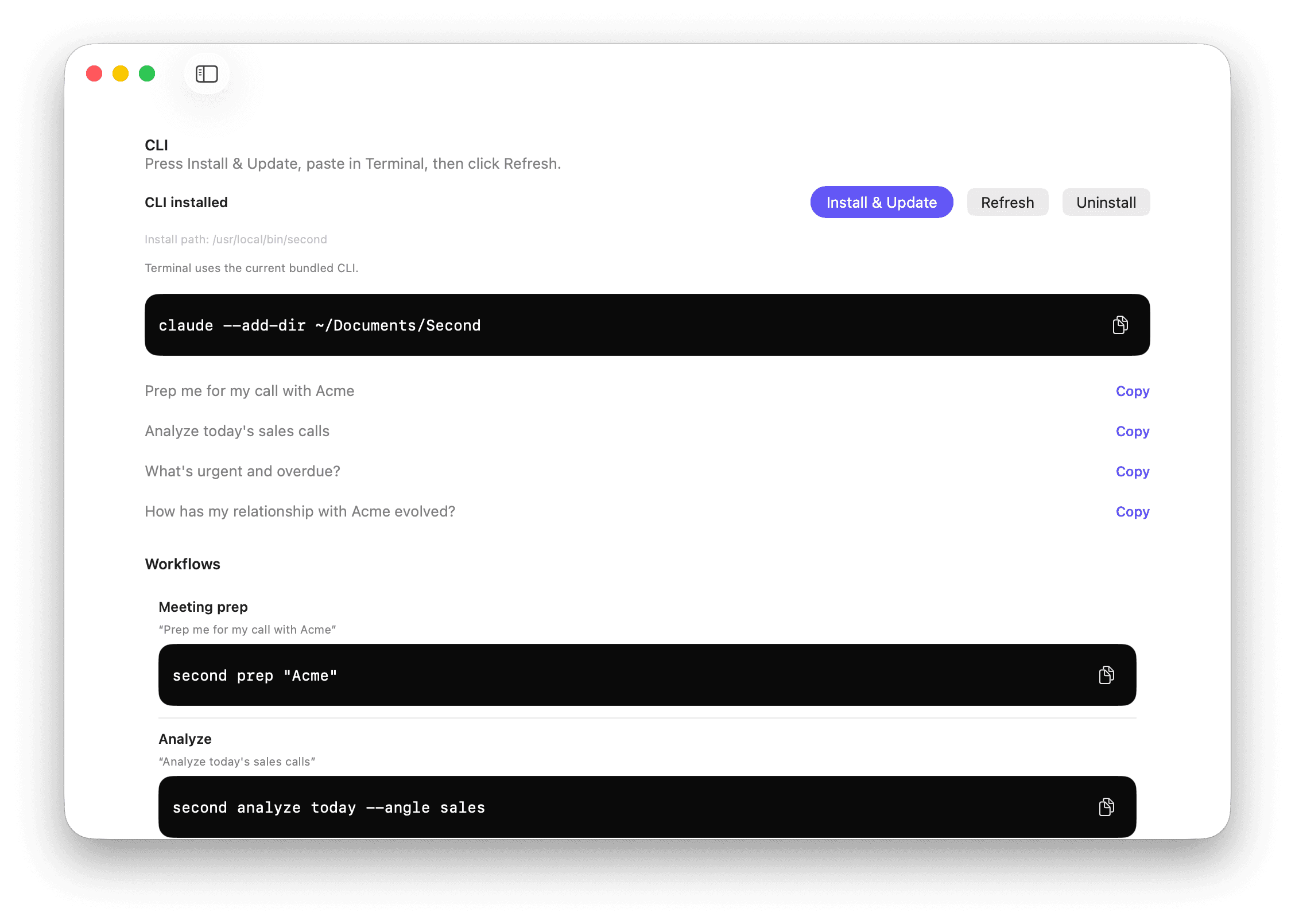 Second CLI installation and workflow screen